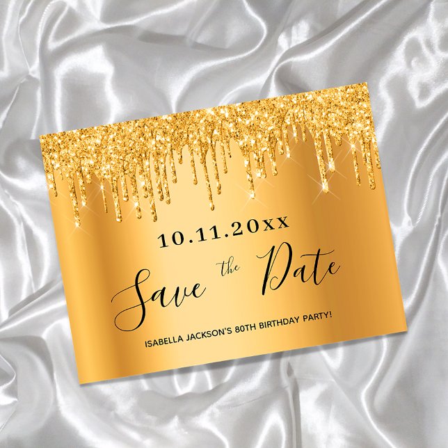 80th birthday party gold glitter save the date postcard (Creator Uploaded)