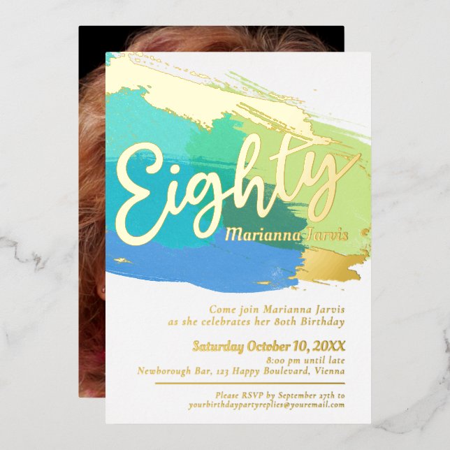 80th Birthday party gold green blue photo abstract Foil Invitation (Front/Back)