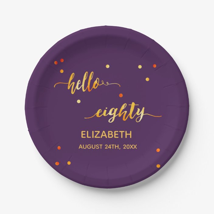 80th Birthday Party Gold Hello Eighty Purple Paper Plate 2977