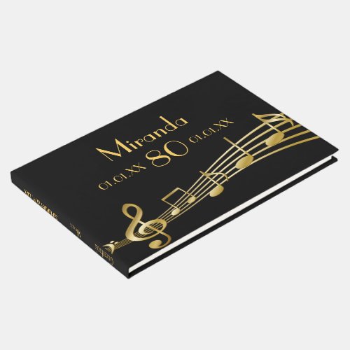 80th birthday party gold music notes on black guest book