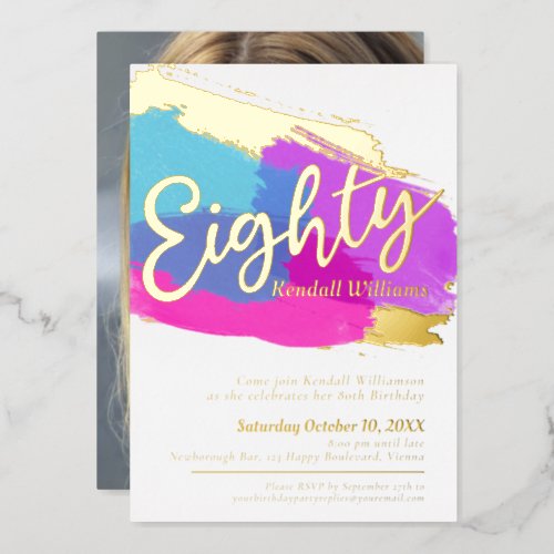 80th Birthday party gold photo bright abstract art Foil Invitation