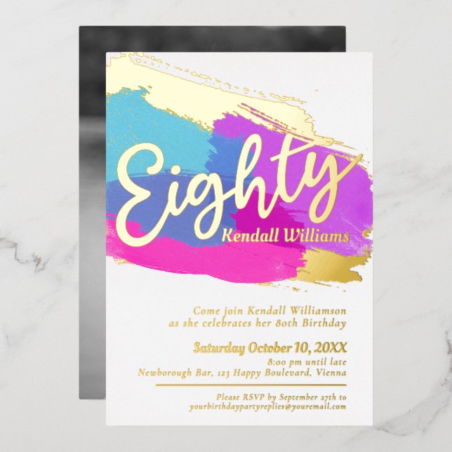 80th Birthday party gold photo bright abstract art Foil Invitation (Front/Back)