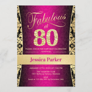 80th Birthday Party - Gold Pink Black Invitation
