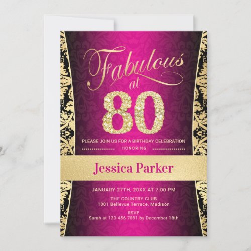 80th Birthday Party _ Gold Pink Black Invitation