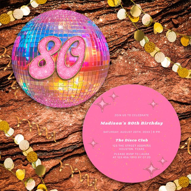 80th Birthday Party Gold Pink Glitter Disco Ball Invitation (Front/Back)