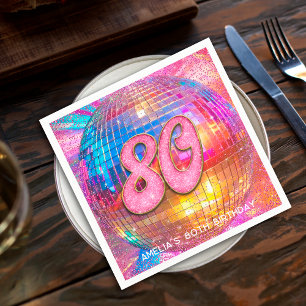 80th Birthday Party Gold Pink Glitter Disco Ball Napkins