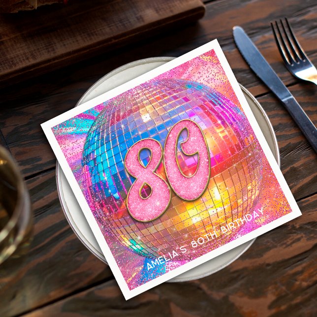 80th Birthday Party Gold Pink Glitter Disco Ball Napkins (Creator Uploaded)