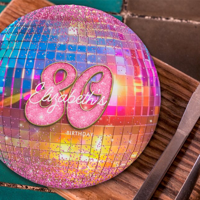 80th Birthday Party Gold Pink Glitter Disco Ball Paper Plates (Creator Uploaded)