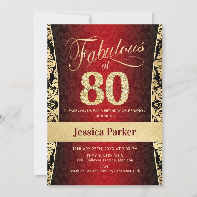 80th Birthday Party - Gold Red Black Invitation (Front)