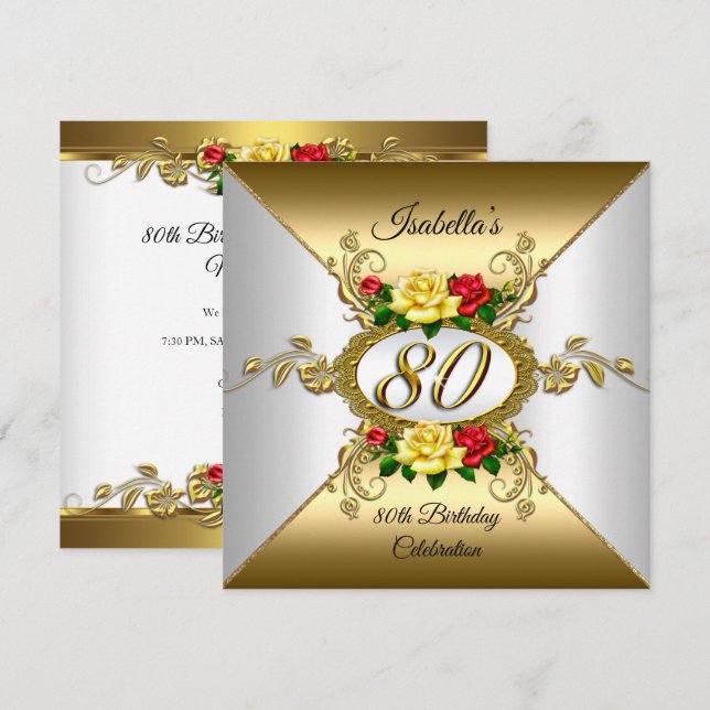 80th Birthday Party Gold red yellow Roses Invitation (Front/Back)