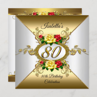 80th Birthday Party Gold red yellow Roses Invitation