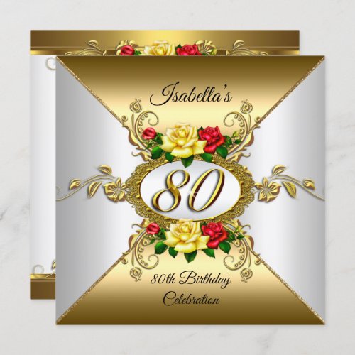 80th Birthday Party Gold red yellow Roses Invitation