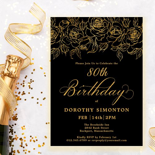 80th Birthday Party Gold Rose Floral Black Invitation