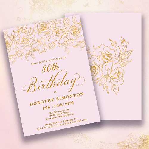 80th Birthday Party Gold Rose Floral Blush Pink Invitation