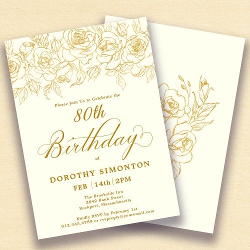 80th Birthday Party Gold Rose Floral Ivory White Invitation