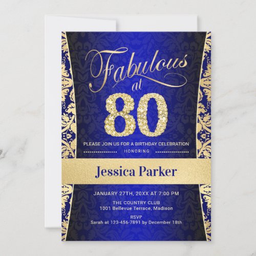 80th Birthday Party _ Gold Royal Blue Invitation