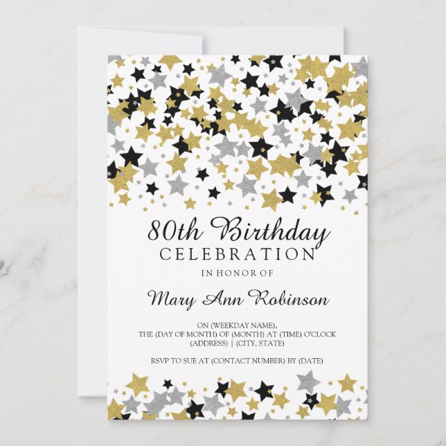 80th Birthday Party Gold Silver Glitter Stars Invitation (Front)