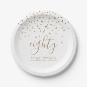 80th Birthday Party Gold Triangle Confetti White Paper Plates