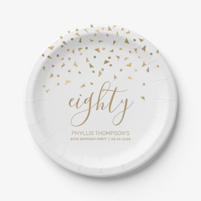 80th Birthday Party Gold Triangle Confetti White Paper Plates (Front)
