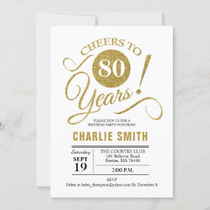 80th Birthday Party - Gold White Invitation