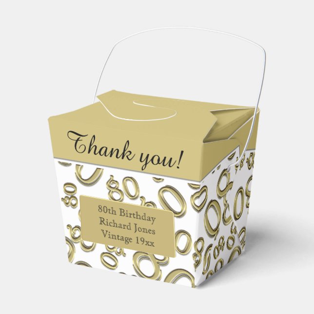 80th Birthday Party Gold/White Number Pattern Favor Boxes (Front Side)