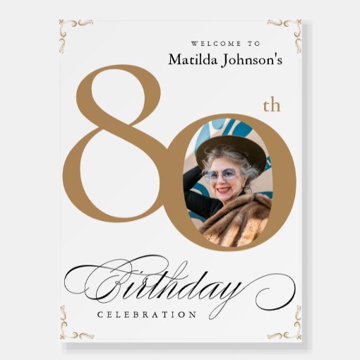 80th Birthday Party Gold White Welcome Custom Sign | Zazzle