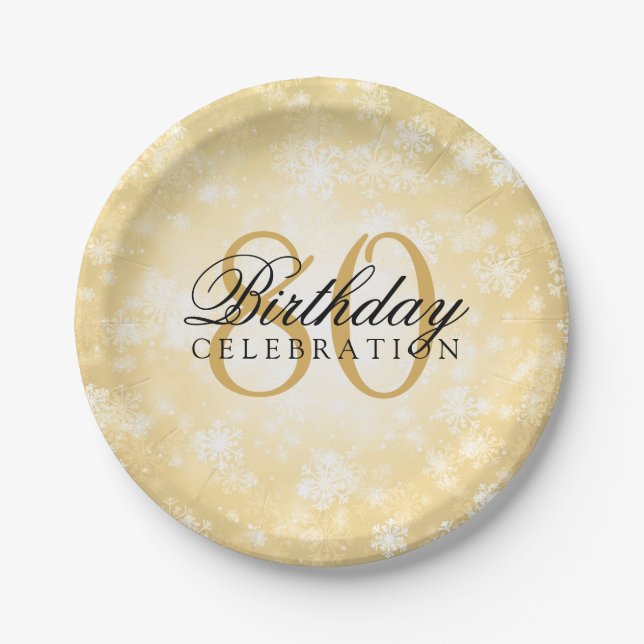 80th Birthday Party Gold Winter Wonderland Paper Plates (Front)