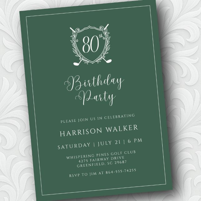 80th Birthday Party Golf Crest Elegant Script Sage Invitation (Script font adds just the right touch of elegance.)