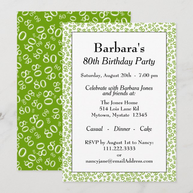 80th Birthday Party Green and White Number Pattern Invitation (Front/Back)