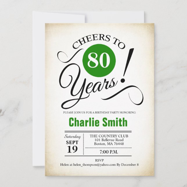 80th Birthday Party - Green Black White Invitation (Front)