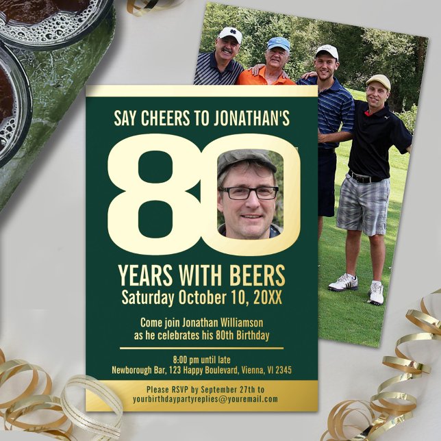 80th Birthday party green gold foil photo beer Foil Invitation (Creator Uploaded)
