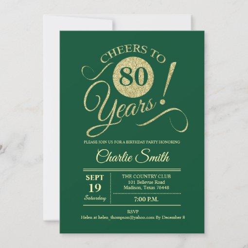 80th Birthday Party - Green Gold Invitation | Zazzle