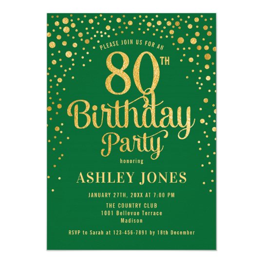 80th Birthday Party - Green & Gold Invitation | Zazzle.com