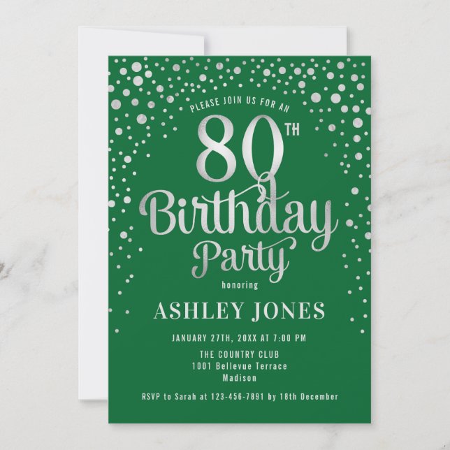 80th Birthday Party - Green & Silver Invitation (Front)
