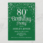 80th Birthday Party - Green & Silver Invitation<br><div class="desc">80th Birthday Party Invitation.
Elegant design in forest emerald green and faux glitter silver. Features stylish script font and confetti. Message me if you need custom age.</div>
