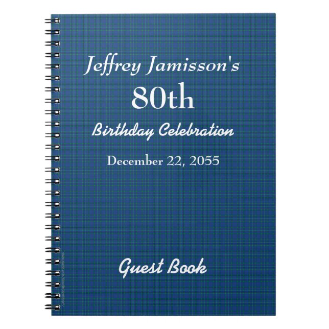 80th Birthday Party Guest Book Blue Plaid, Name (Front)