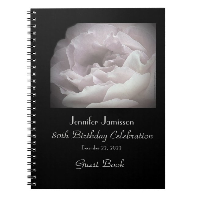 80th Birthday Party Guest Book, Pale Pink Rose Notebook (Front)