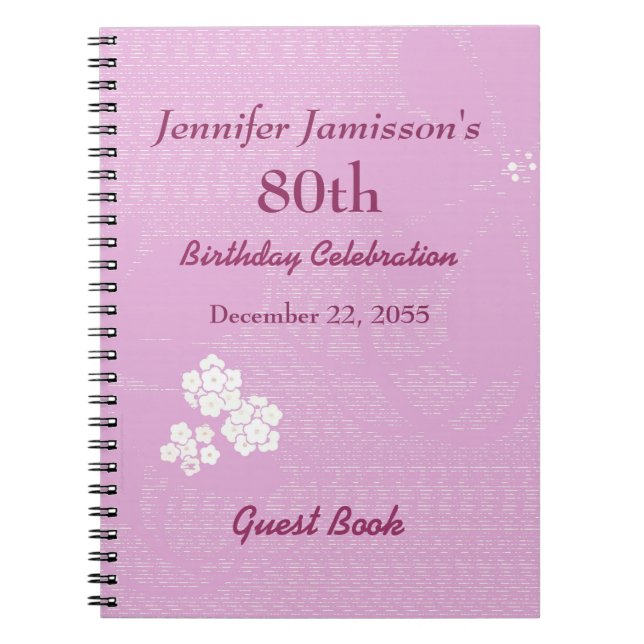 80th Birthday Party Guest Book Pink, White Floral (Front)