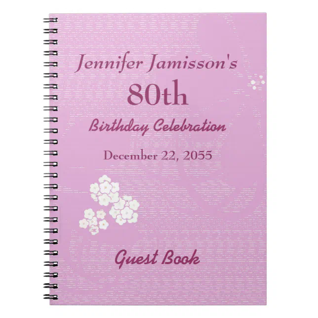 80th Birthday Party Guest Book Pink, White Floral Zazzle