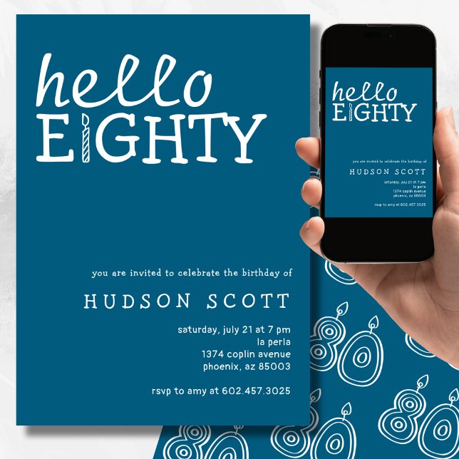  80th Birthday Party Hello Eighty Modern Blue Invitation (Creator Uploaded)