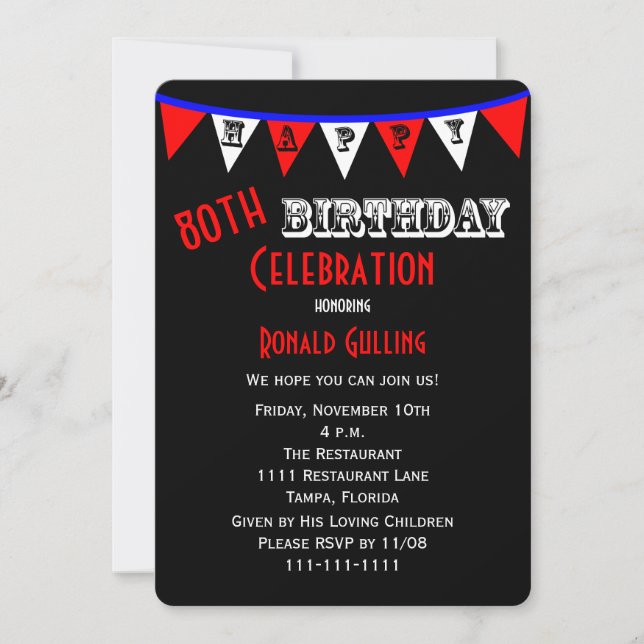 80th Birthday Party Invitation Bunting (Front)