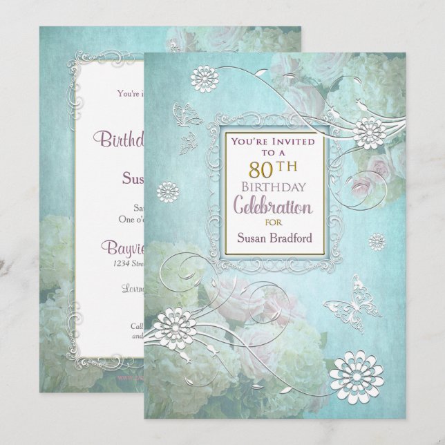 80th Birthday Party Invitation, Elegant Pastels Invitation (Front/Back)