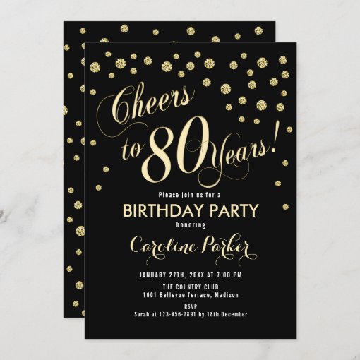 80th Birthday Party Invitation - Gold Black | Zazzle