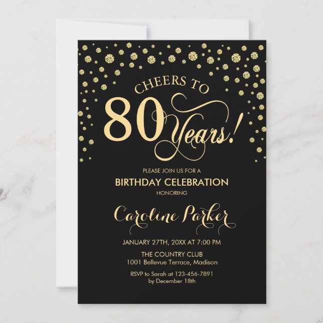 80th Birthday Party Invitation - Gold Black (Front)