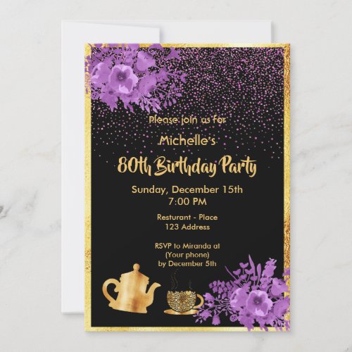 80th birthday party invitation gold black violet