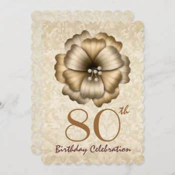 80th Birthday Party Invitation Gold Flower Bow 2 by JaclinArt at Zazzle