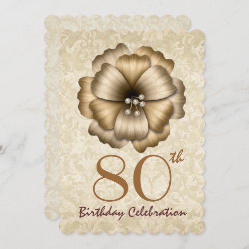 80th Birthday Party Invitation Gold Flower Bow 2
