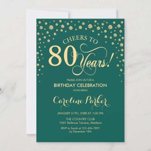 80th Birthday Party Invitation _ Gold Green