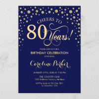 80th Birthday Party Invitation - Gold Navy Blue