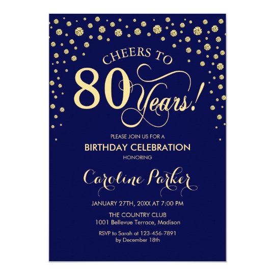 80th Birthday Party Invitation - Gold Navy Blue | Zazzle.com